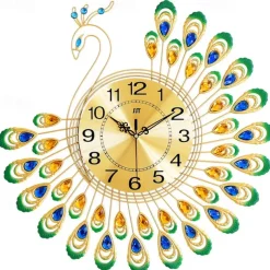 Large Wall Clocks for Living Room Decor Gold Decoration Wall Clock Silent Battery Operated Non Ticking for Bedroom Kitchen 15 Inch Retro Peacock Crystal Wall Watch Quartz for Home Office Indoor