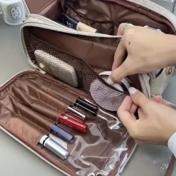 Large-Capacity Travel Cosmetic Bag, Multifunctional Makeup Organizer with Brush Holder, Portable Toiletry Storage Bag for Women