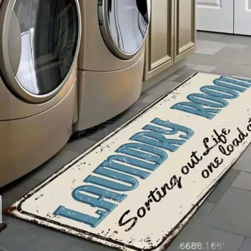 Laundry Bath Mat Non-slip Runner Non Skid Machine Washable Area Rugs Laundry Decor for Kitchen, Bath, Washroom Blue White