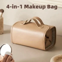 Leather Waterproof Cosmetic Bag, 4-in-1 Travel Toiletry Organizer, Large-Capacity Makeup Bag with Dry and Wet Separation for Stylish Storage