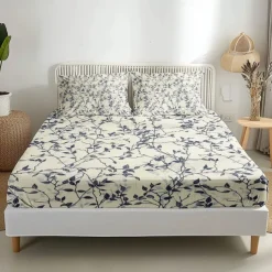 Leaves Pattern Fitted Sheet Set 100% Cotton Ultra Soft Breathable Silky Bed Sheets Deep Pocket Bedding Sheets 3 Piece Queen King Size