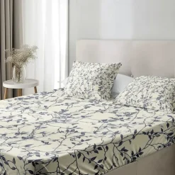 Leaves Pattern Fitted Sheet Set 100% Cotton Ultra Soft Breathable Silky Bed Sheets Deep Pocket Bedding Sheets 3 Piece Queen King Size