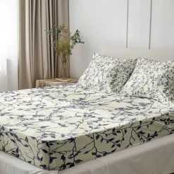 Leaves Pattern Fitted Sheet Set 100% Cotton Ultra Soft Breathable Silky Bed Sheets Deep Pocket Bedding Sheets 3 Piece Queen King Size