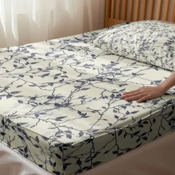 Leaves Pattern Fitted Sheet Set 100% Cotton Ultra Soft Breathable Silky Bed Sheets Deep Pocket Bedding Sheets 3 Piece Queen King Size