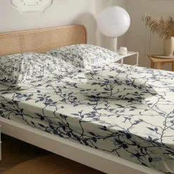 Leaves Pattern Fitted Sheet Set 100% Cotton Ultra Soft Breathable Silky Bed Sheets Deep Pocket Bedding Sheets 3 Piece Queen King Size