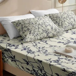 Leaves Pattern Fitted Sheet Set 100% Cotton Ultra Soft Breathable Silky Bed Sheets Deep Pocket Bedding Sheets 3 Piece Queen King Size