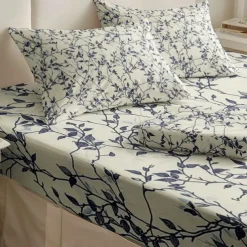 Leaves Pattern Fitted Sheet Set 100% Cotton Ultra Soft Breathable Silky Bed Sheets Deep Pocket Bedding Sheets 3 Piece Queen King Size
