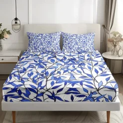 Leaves Pattern Fitted Sheet Set 100% Cotton Ultra Soft Breathable Silky Bed Sheets Deep Pocket Bedding Sheets 3 Piece Queen King Size