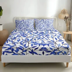 Leaves Pattern Fitted Sheet Set 100% Cotton Ultra Soft Breathable Silky Bed Sheets Deep Pocket Bedding Sheets 3 Piece Queen King Size