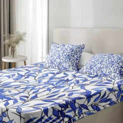 Leaves Pattern Fitted Sheet Set 100% Cotton Ultra Soft Breathable Silky Bed Sheets Deep Pocket Bedding Sheets 3 Piece Queen King Size