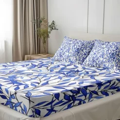 Leaves Pattern Fitted Sheet Set 100% Cotton Ultra Soft Breathable Silky Bed Sheets Deep Pocket Bedding Sheets 3 Piece Queen King Size