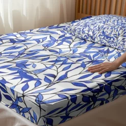 Leaves Pattern Fitted Sheet Set 100% Cotton Ultra Soft Breathable Silky Bed Sheets Deep Pocket Bedding Sheets 3 Piece Queen King Size