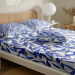 Leaves Pattern Fitted Sheet Set 100% Cotton Ultra Soft Breathable Silky Bed Sheets Deep Pocket Bedding Sheets 3 Piece Queen King Size