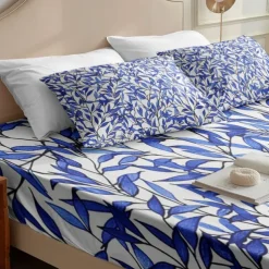 Leaves Pattern Fitted Sheet Set 100% Cotton Ultra Soft Breathable Silky Bed Sheets Deep Pocket Bedding Sheets 3 Piece Queen King Size