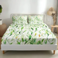 Leaves Pattern Fitted Sheet Set 100% Cotton Ultra Soft Breathable Silky Bed Sheets Deep Pocket Bedding Sheets 3 Piece Queen King Size