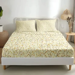 Leaves Pattern Fitted Sheet Set 100% Cotton Ultra Soft Breathable Silky Bed Sheets Deep Pocket Bedding Sheets 3 Piece Queen King Size