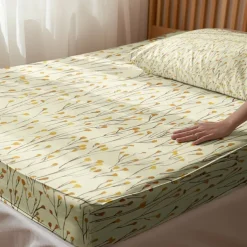 Leaves Pattern Fitted Sheet Set 100% Cotton Ultra Soft Breathable Silky Bed Sheets Deep Pocket Bedding Sheets 3 Piece Queen King Size