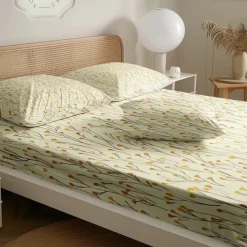 Leaves Pattern Fitted Sheet Set 100% Cotton Ultra Soft Breathable Silky Bed Sheets Deep Pocket Bedding Sheets 3 Piece Queen King Size