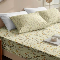 Leaves Pattern Fitted Sheet Set 100% Cotton Ultra Soft Breathable Silky Bed Sheets Deep Pocket Bedding Sheets 3 Piece Queen King Size