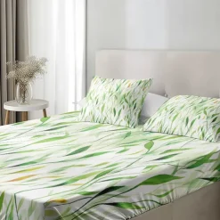 Leaves Pattern Fitted Sheet Set 100% Cotton Ultra Soft Breathable Silky Bed Sheets Deep Pocket Bedding Sheets 3 Piece Queen King Size