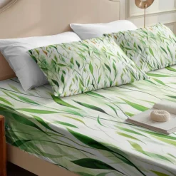 Leaves Pattern Fitted Sheet Set 100% Cotton Ultra Soft Breathable Silky Bed Sheets Deep Pocket Bedding Sheets 3 Piece Queen King Size