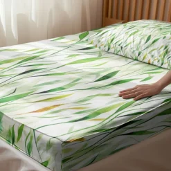 Leaves Pattern Fitted Sheet Set 100% Cotton Ultra Soft Breathable Silky Bed Sheets Deep Pocket Bedding Sheets 3 Piece Queen King Size