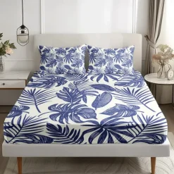 Leaves Spring Pattern Fitted Sheet Set 100% Cotton Ultra Soft Breathable Silky Bed Sheets Deep Pocket Bedding Sheets 3 Piece Queen King Size