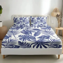 Leaves Spring Pattern Fitted Sheet Set 100% Cotton Ultra Soft Breathable Silky Bed Sheets Deep Pocket Bedding Sheets 3 Piece Queen King Size