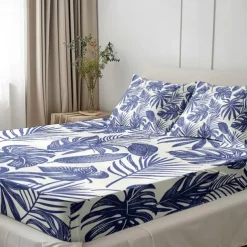Leaves Spring Pattern Fitted Sheet Set 100% Cotton Ultra Soft Breathable Silky Bed Sheets Deep Pocket Bedding Sheets 3 Piece Queen King Size