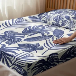 Leaves Spring Pattern Fitted Sheet Set 100% Cotton Ultra Soft Breathable Silky Bed Sheets Deep Pocket Bedding Sheets 3 Piece Queen King Size