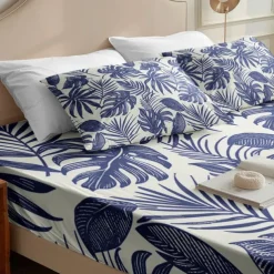 Leaves Spring Pattern Fitted Sheet Set 100% Cotton Ultra Soft Breathable Silky Bed Sheets Deep Pocket Bedding Sheets 3 Piece Queen King Size