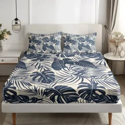 Leaves Spring Pattern Fitted Sheet Set 100% Cotton Ultra Soft Breathable Silky Bed Sheets Deep Pocket Bedding Sheets 3 Piece Queen King Size