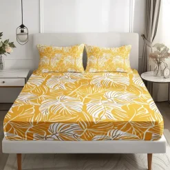 Leaves Spring Pattern Fitted Sheet Set 100% Cotton Ultra Soft Breathable Silky Bed Sheets Deep Pocket Bedding Sheets 3 Piece Queen King Size