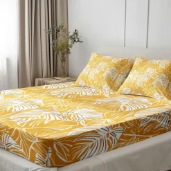 Leaves Spring Pattern Fitted Sheet Set 100% Cotton Ultra Soft Breathable Silky Bed Sheets Deep Pocket Bedding Sheets 3 Piece Queen King Size