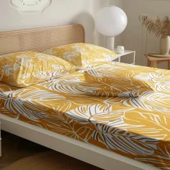 Leaves Spring Pattern Fitted Sheet Set 100% Cotton Ultra Soft Breathable Silky Bed Sheets Deep Pocket Bedding Sheets 3 Piece Queen King Size