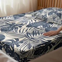 Leaves Spring Pattern Fitted Sheet Set 100% Cotton Ultra Soft Breathable Silky Bed Sheets Deep Pocket Bedding Sheets 3 Piece Queen King Size