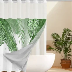 Leaves Waffle-Weave Textured Shower Curtain Set with Snap-in Liner and Sheer Window Water-Repellent Polyester,Grommet Top,120GSM Hotel Quality Spa Style Bathroom Partition No Hooks Required