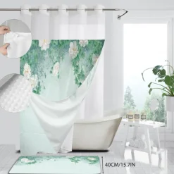 Leaves Waffle-Weave Textured Shower Curtain Set with Snap-in Liner and Sheer Window Water-Repellent Polyester,Grommet Top,120GSM Hotel Quality Spa Style Bathroom Partition No Hooks Required