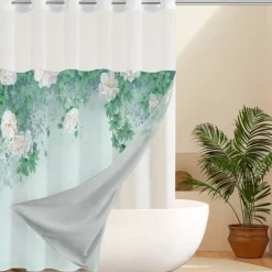 Leaves Waffle-Weave Textured Shower Curtain Set with Snap-in Liner and Sheer Window Water-Repellent Polyester,Grommet Top,120GSM Hotel Quality Spa Style Bathroom Partition No Hooks Required