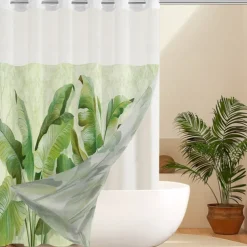 Leaves Waffle-Weave Textured Shower Curtain Set with Snap-in Liner and Sheer Window Water-Repellent Polyester,Grommet Top,120GSM Hotel Quality Spa Style Bathroom Partition No Hooks Required