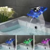 LED Bathroom Sink Faucet,Brass Waterfall 3-color Temperature Controlled Glass Spout Contemporary Style Chrome Finish Single Handle One Hole with Hot and Cold Switch