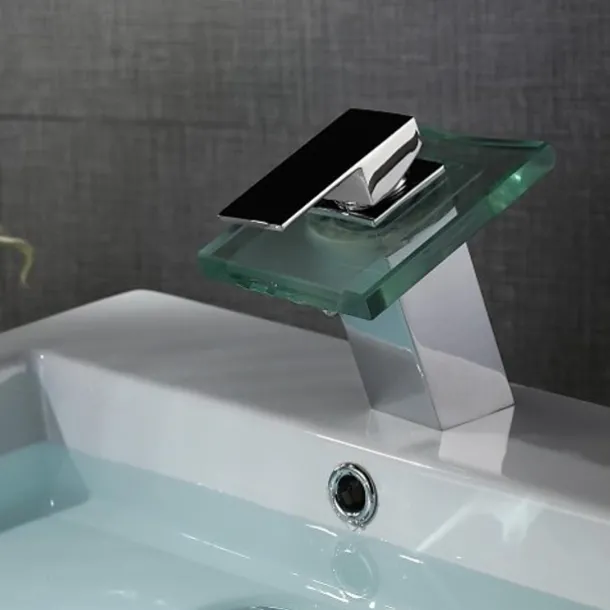 LED Bathroom Sink Faucet,Brass Waterfall 3-color Temperature Controlled Glass Spout Contemporary Style Chrome Finish Single Handle One Hole with Hot and Cold Switch