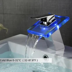 LED Bathroom Sink Faucet,Brass Waterfall 3-color Temperature Controlled Glass Spout Contemporary Style Chrome Finish Single Handle One Hole with Hot and Cold Switch