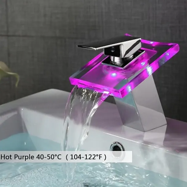 LED Bathroom Sink Faucet,Brass Waterfall 3-color Temperature Controlled Glass Spout Contemporary Style Chrome Finish Single Handle One Hole with Hot and Cold Switch