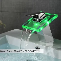 LED Bathroom Sink Faucet,Brass Waterfall 3-color Temperature Controlled Glass Spout Contemporary Style Chrome Finish Single Handle One Hole with Hot and Cold Switch