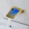 LED Bathroom Sink Mixer Faucet Waterfall Spout 3 Color Water Temperature, Basin Vessel Taps Brass Wall Mounted Single Handle Two Hole Bath Taps With Cold and Hot Hose