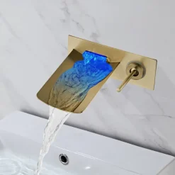 LED Bathroom Sink Mixer Faucet Waterfall Spout 3 Color Water Temperature, Basin Vessel Taps Brass Wall Mounted Single Handle Two Hole Bath Taps With Cold and Hot Hose