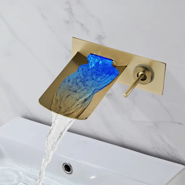 LED Bathroom Sink Mixer Faucet Waterfall Spout 3 Color Water Temperature, Basin Vessel Taps Brass Wall Mounted Single Handle Two Hole Bath Taps With Cold and Hot Hose
