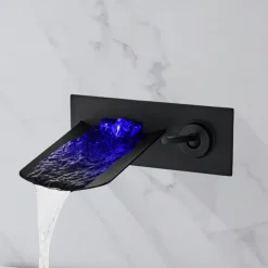 LED Bathroom Sink Mixer Faucet Waterfall Spout 3 Color Water Temperature, Basin Vessel Taps Brass Wall Mounted Single Handle Two Hole Bath Taps With Cold and Hot Hose