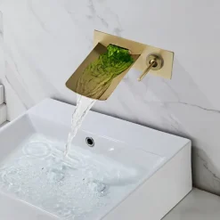 LED Bathroom Sink Mixer Faucet Waterfall Spout 3 Color Water Temperature, Basin Vessel Taps Brass Wall Mounted Single Handle Two Hole Bath Taps With Cold and Hot Hose